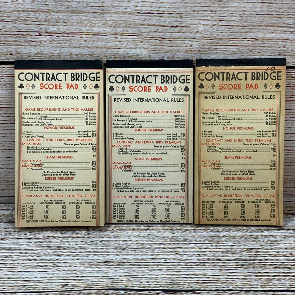 Vintage Contract Bridge Score Pads Lot of 3 Revised International‎ Rules